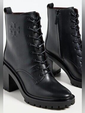 Tory Burch Double T Leather Lace-Up Lug Sole Block Heel Size 10.5